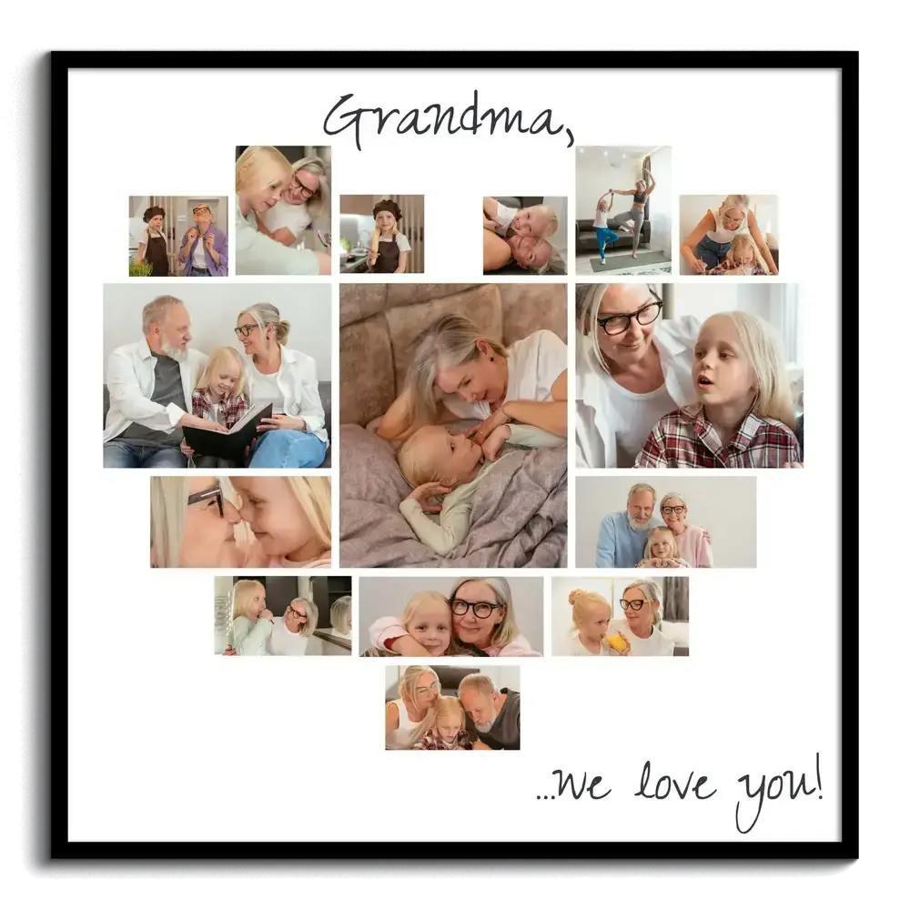 Heart-shaped family photo collage in a black frame with a white background, a personalized gift for Grandma