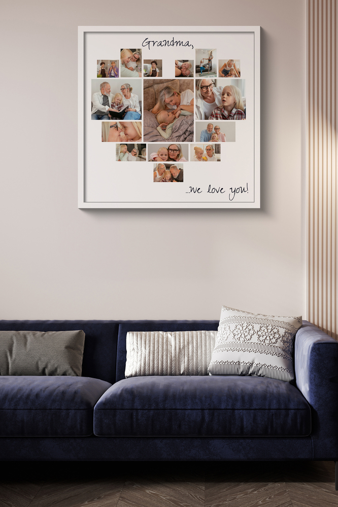 Framed heart photo collage above a navy blue sofa, a personalized keepsake gift for Grandma