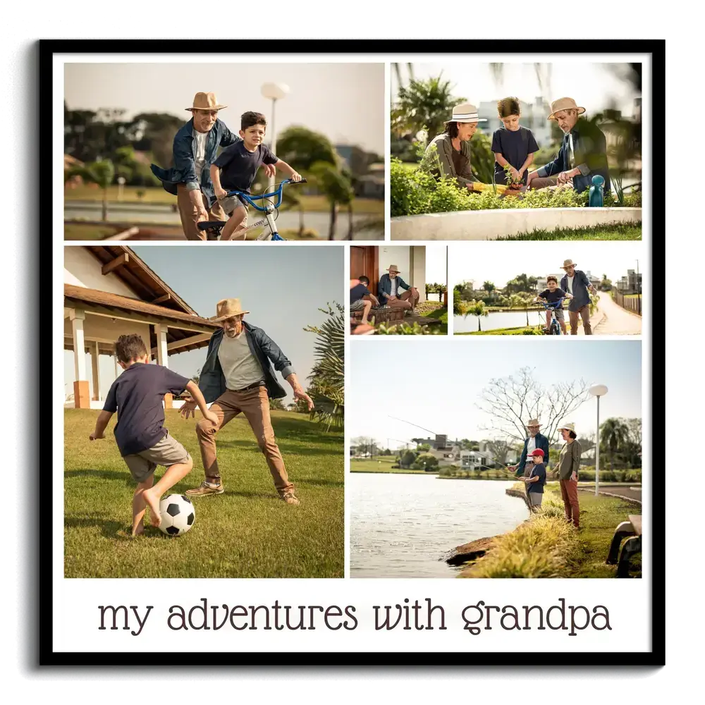 Photo collage in a black frame with six outdoor memories of grandpa and grandson, a personalized gift for grandpa