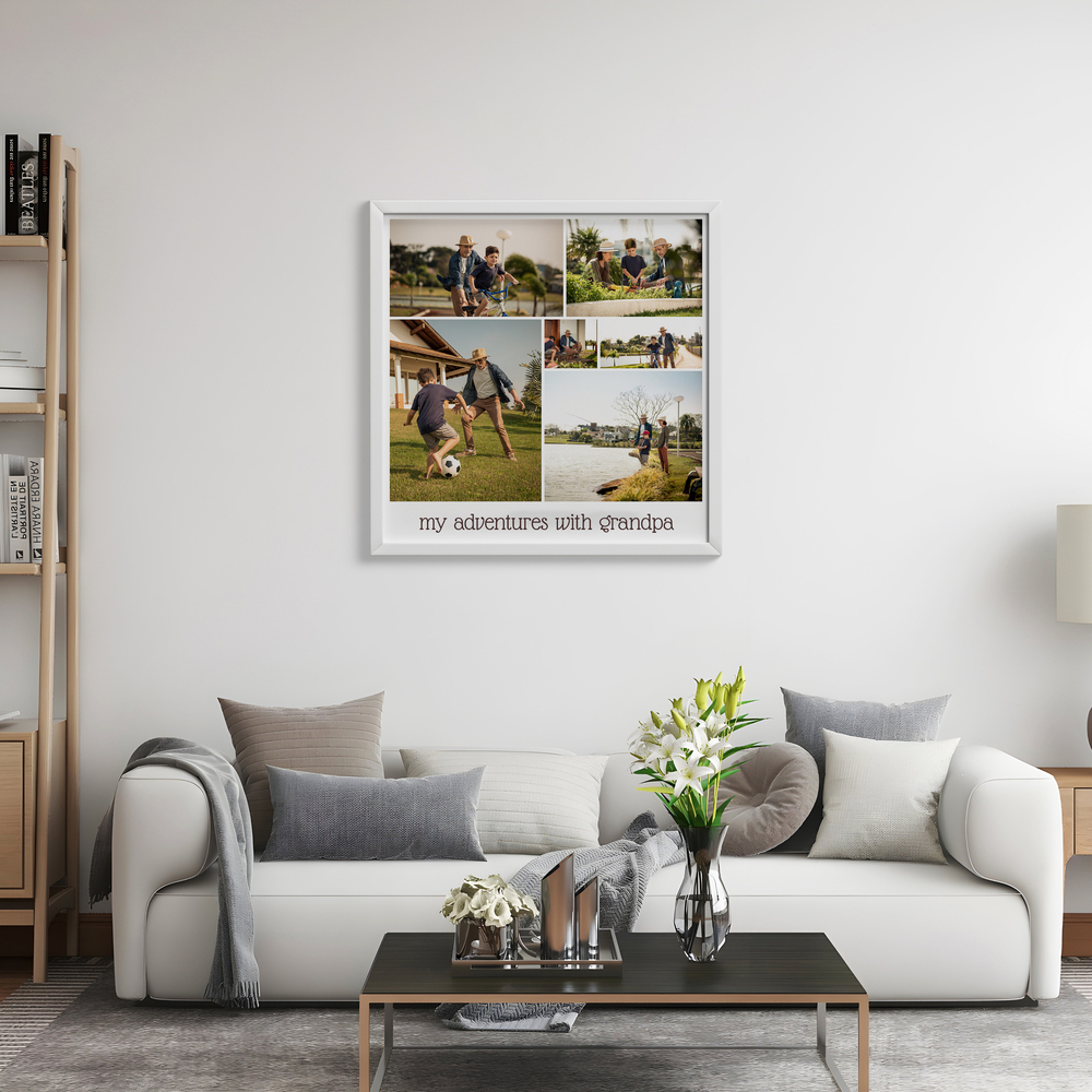 Six-photo collage of Grandpa and grandchild in a white frame above a living room sofa, a personalized gift for Grandpa