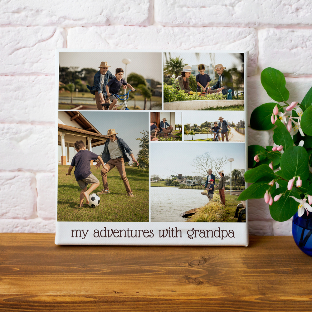 Canvas photo collage with six Grandpa and grandchild outdoor moments and a caption, on a wooden shelf against white brick