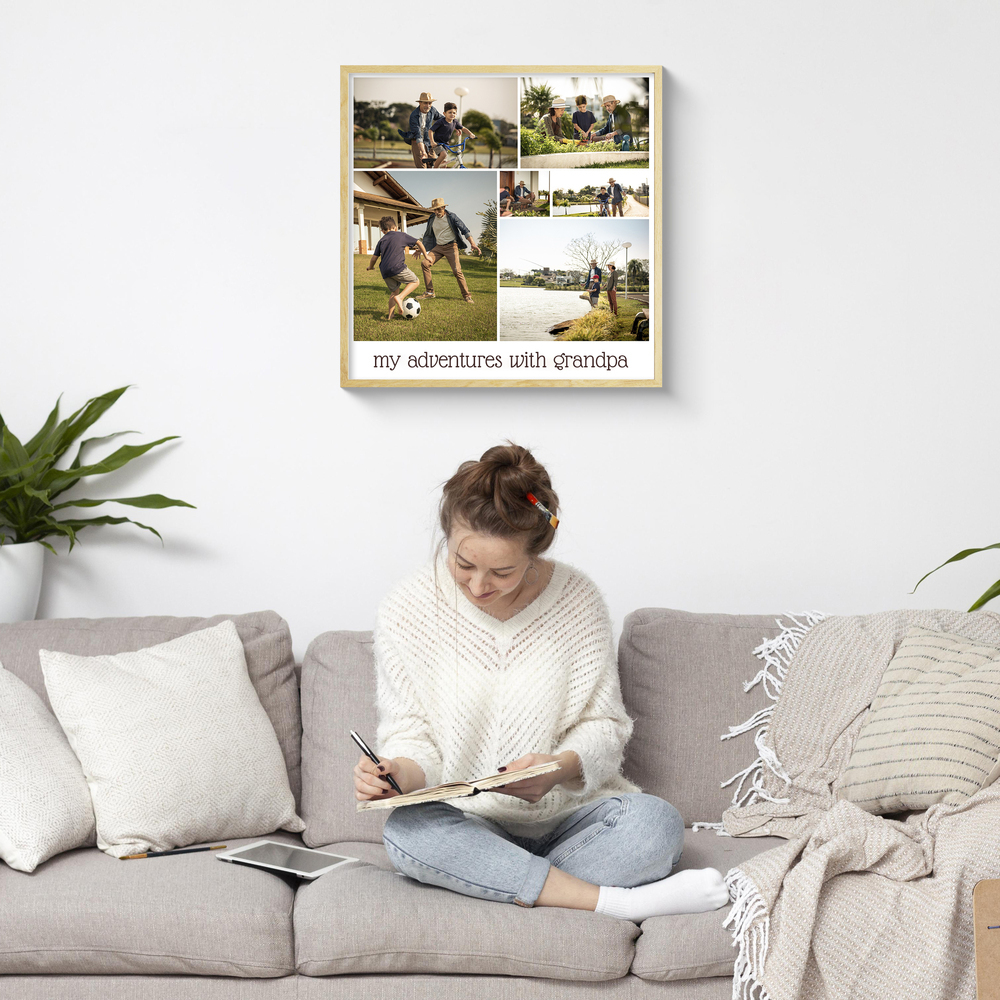 Photo collage in a light wood frame above a gray sofa, featuring six shared adventures as a keepsake gift for Grandpa