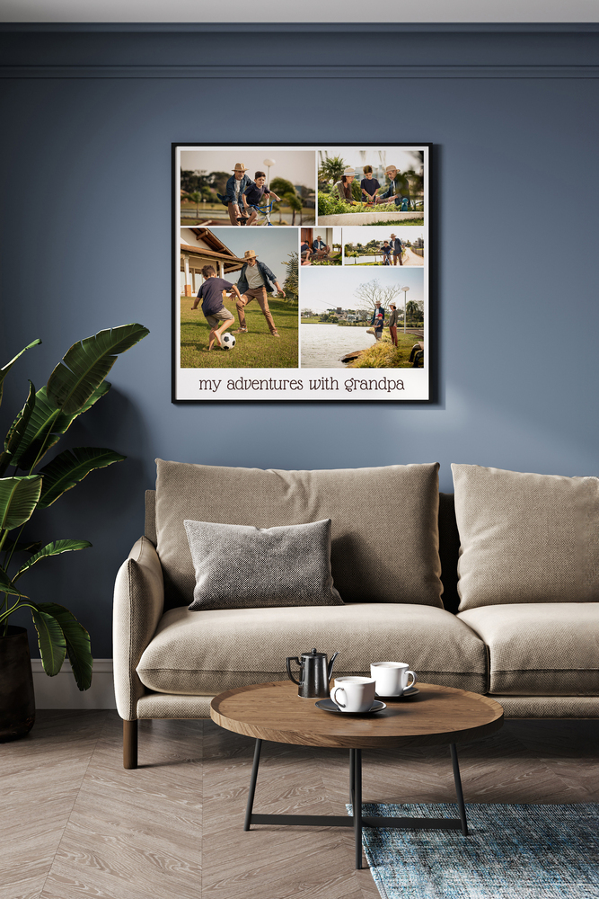Black-framed photo collage of six adventures with Grandpa, displayed on a dark blue wall above a beige sofa