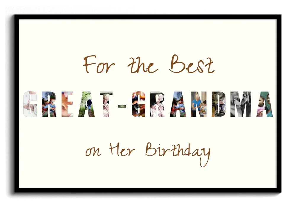 Black-framed letter photo collage with children's photos and a dedication, a birthday gift for great-grandma