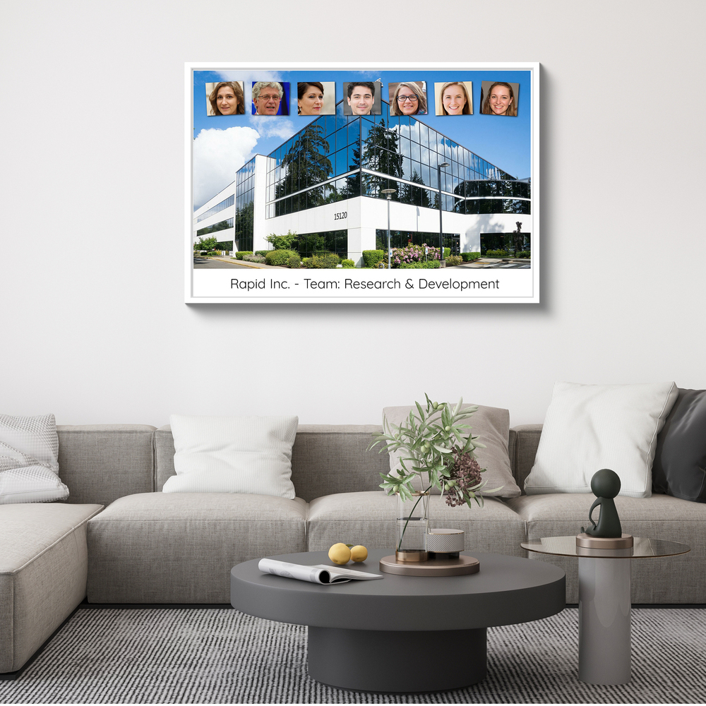Team photo collage with employee portraits, an office building and custom text in a white frame above a gray sofa