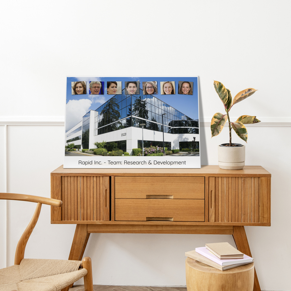 Team photo collage with staff portraits and an office building on a wooden cabinet, a farewell gift for a coworker