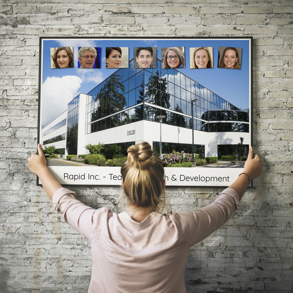 Framed team photo collage with office building on a brick wall, a farewell gift for a coworker