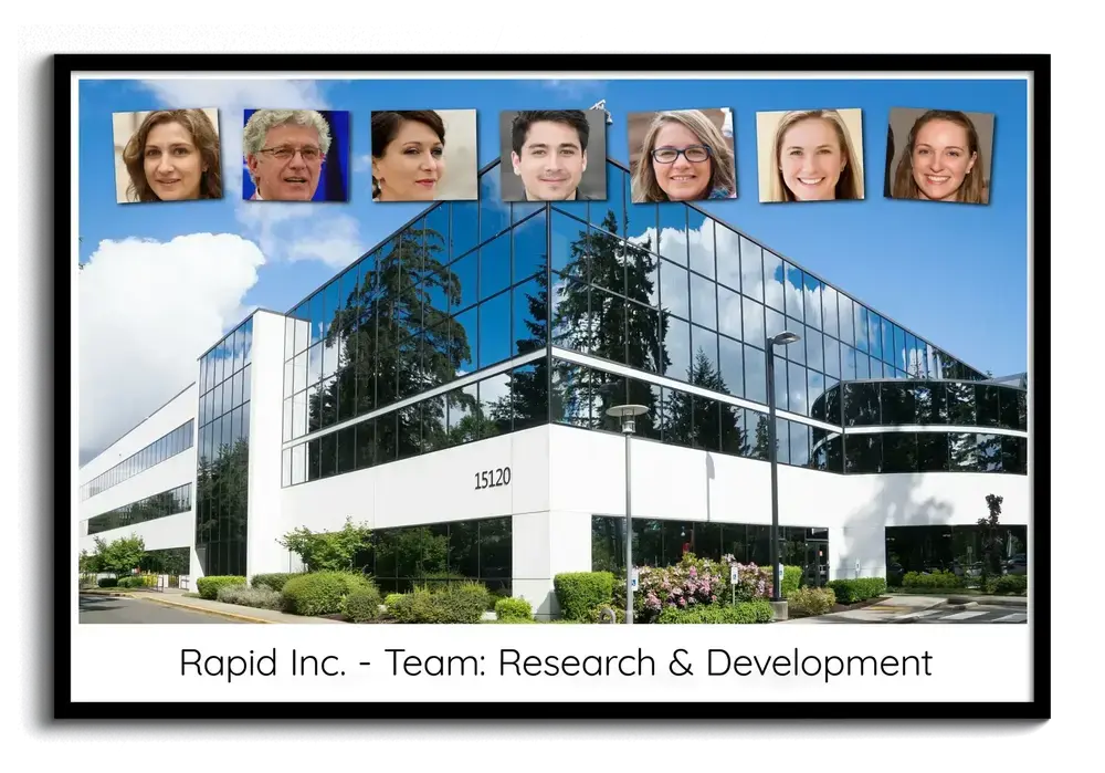 Custom team photo collage with seven employee portraits and an office building in a black frame, a gift for coworkers