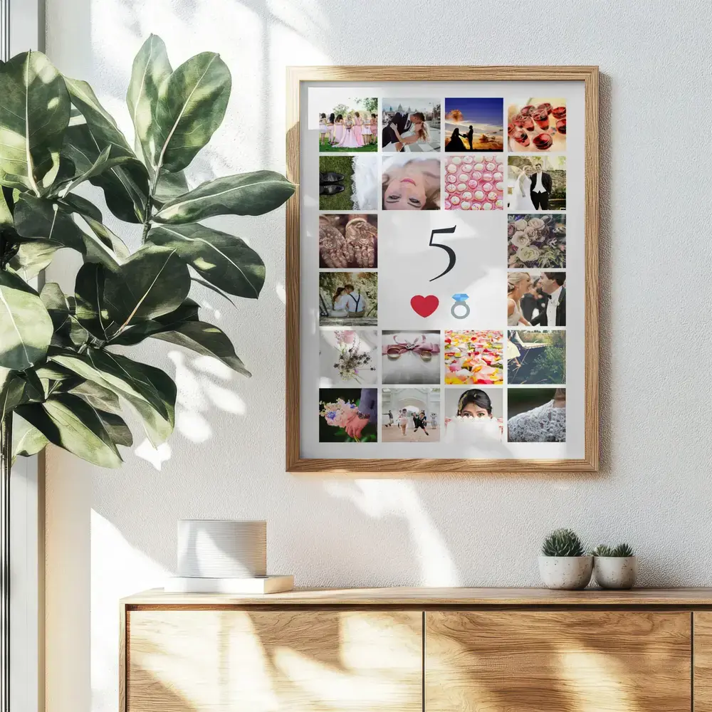 Photo collage with a large 5 in a wood frame above a sideboard, a personalized fifth wedding anniversary gift