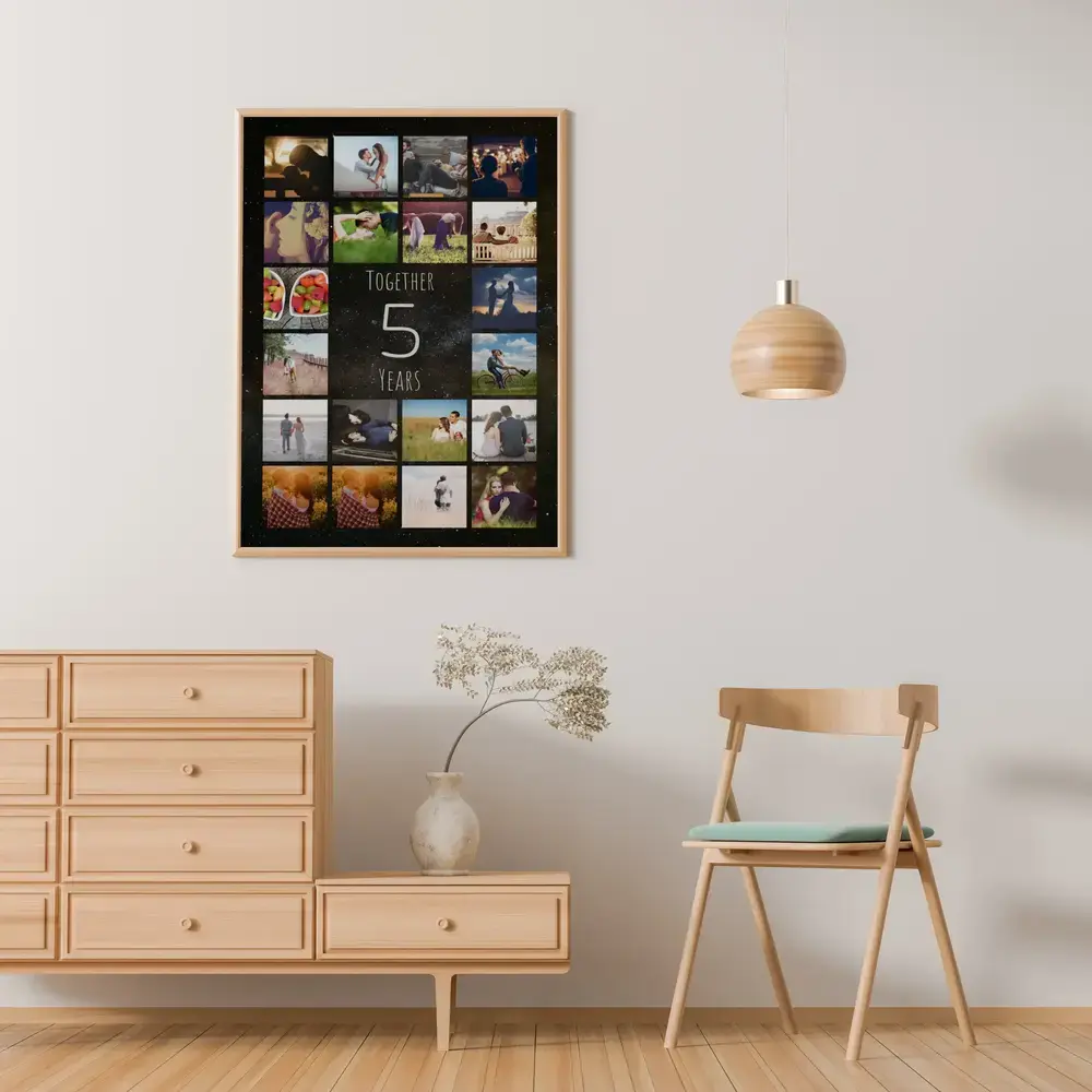 Photo collage with a central 5 in a natural wood frame on a living room wall, a fifth wedding anniversary gift