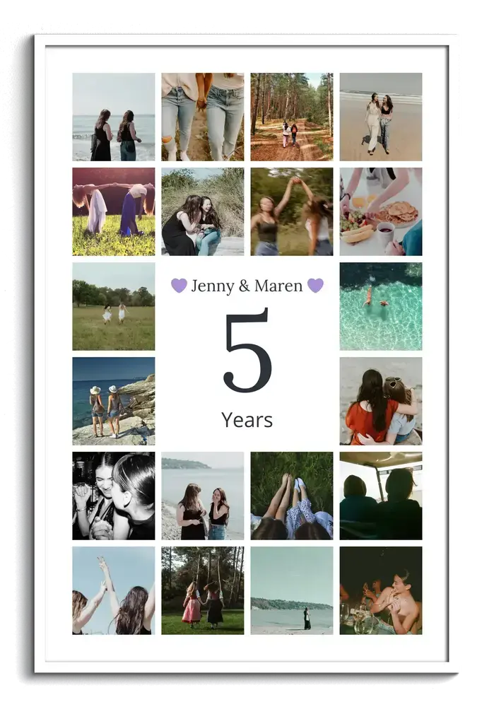 Personalized fifth anniversary photo collage with a large 5 surrounded by couple photos in a white frame