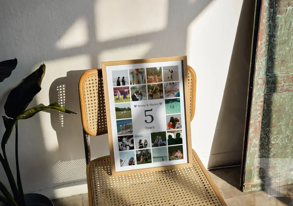 Photo collage with a large central 5 and names in a natural wood frame on a cane chair, marking five years together