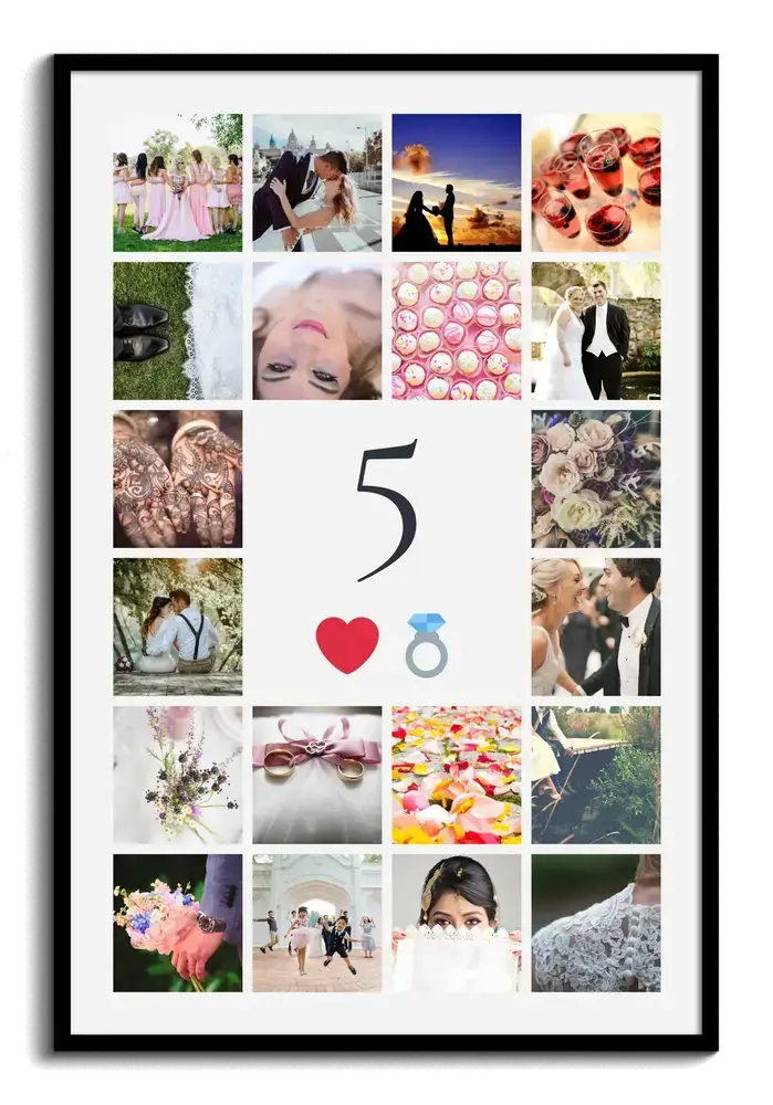 Black-framed photo collage with a central 5, heart and ring, a personalized fifth wedding anniversary gift