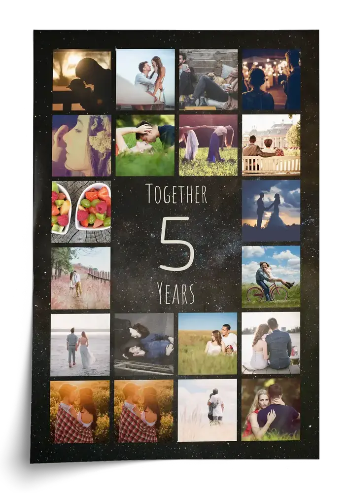 Unframed photo collage poster with a large 5 surrounded by couple photos on a dark background, marking five years together