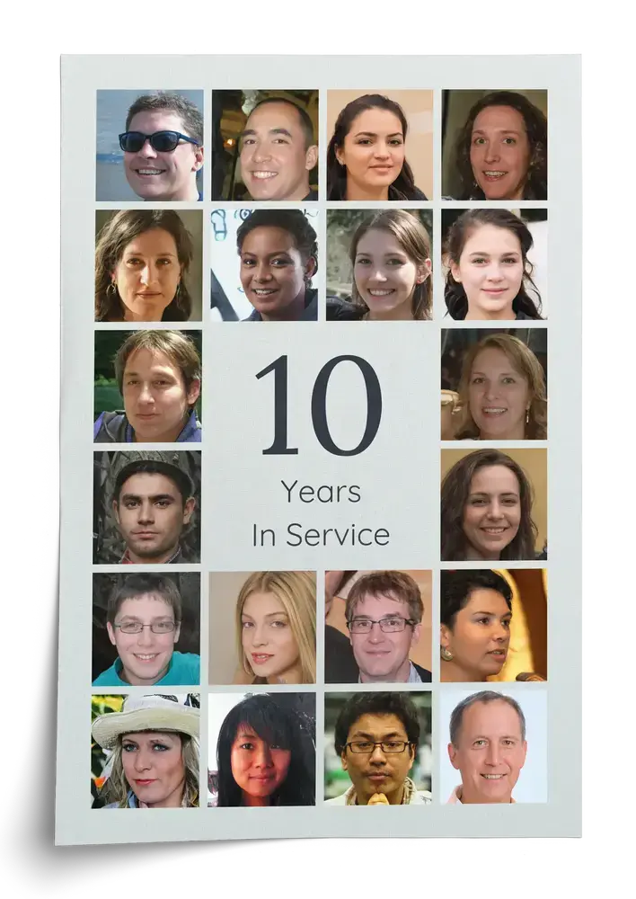 Unframed photo collage poster with a grid of coworker portraits surrounding a large 10 for a work anniversary