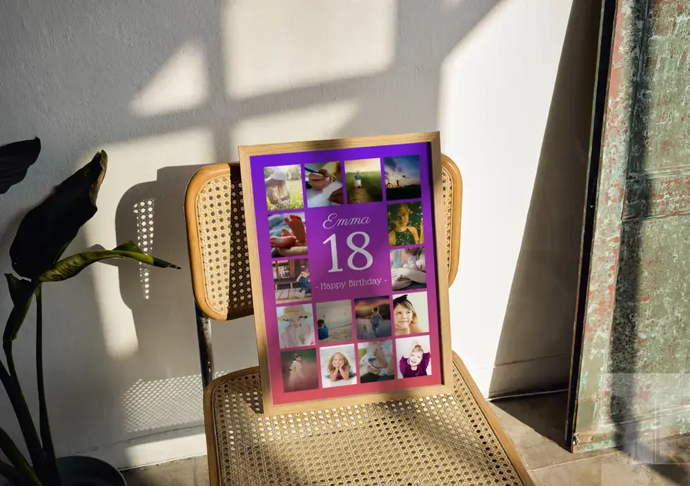 Purple-and-pink photo collage with a large 18 in a wood frame on a cane chair, a keepsake gift for an 18th birthday