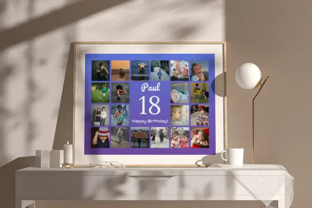 Framed photo collage with a large 18, name, and photo grid on a blue-purple background, on a white dresser beside a lamp