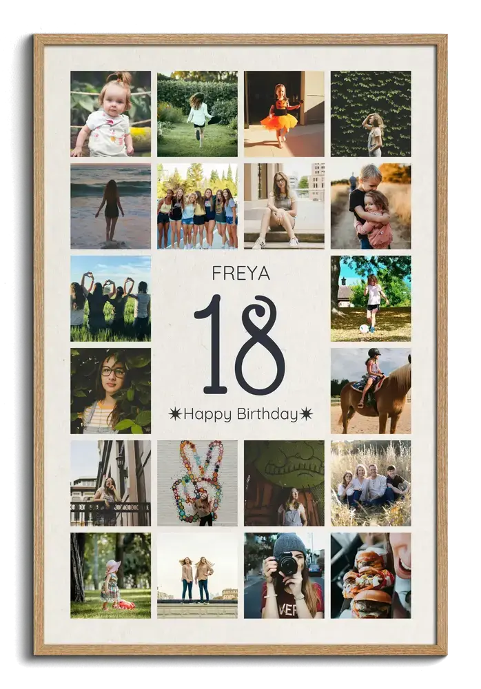Photo collage with a large 18, name, and photo grid in a natural wood frame, a personalized 18th birthday gift