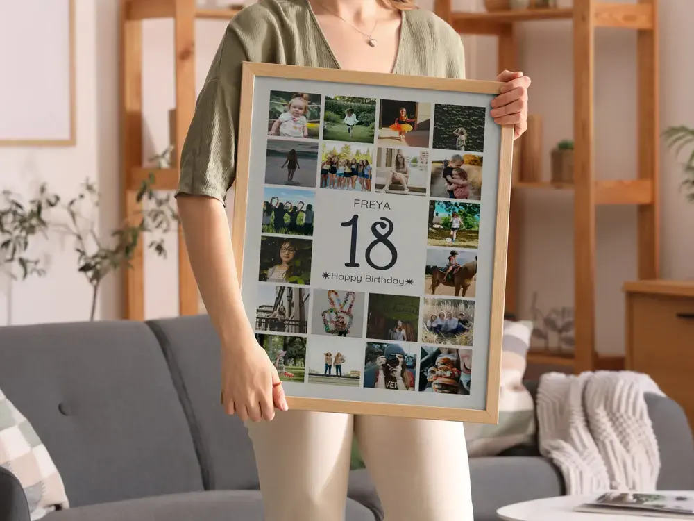 Portrait photo collage with a central 18, name, and birthday message in a light wood frame, in front of a gray sofa
