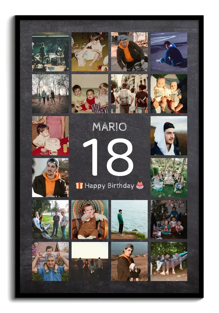 18th birthday photo collage in a black frame, with a large white 18, name, and photo grid on a dark background