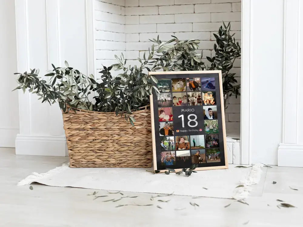 Framed photo collage with a large 18 on the floor beside a woven plant basket, an 18th birthday keepsake gift