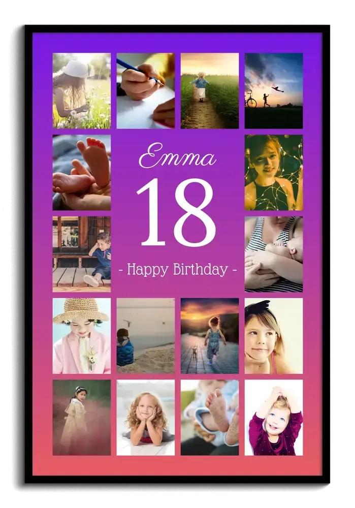 Black-framed photo collage with a large white 18, name, and message, surrounded by photos on a purple-to-pink gradient