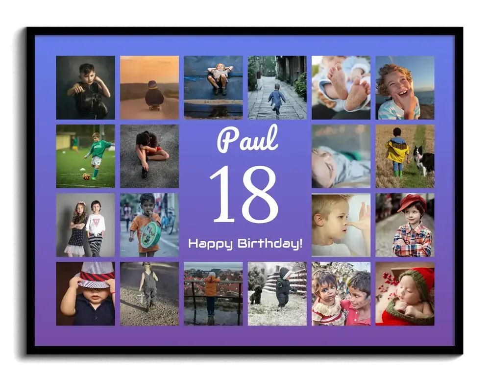 Landscape photo collage with a central 18 on a blue-purple background in a black frame, a custom 18th birthday gift