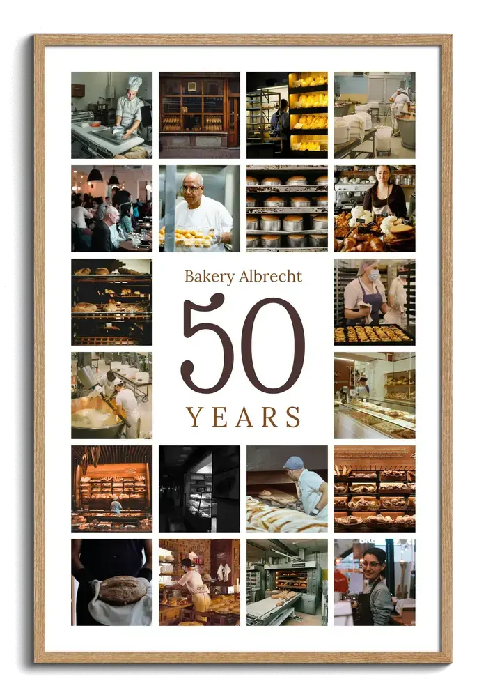 Wood-framed photo collage with bakery photos surrounding a large 50, personalized for a business anniversary