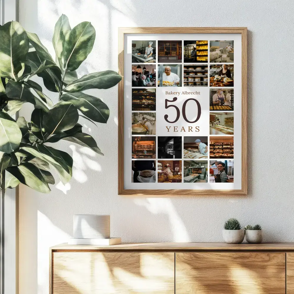 Wood-framed bakery photo collage with a large 50 for a business anniversary, above a sideboard beside a leafy plant