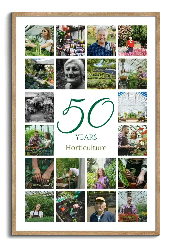 Wood-framed photo collage with a green 50 surrounded by gardening photos for a company's 50th anniversary