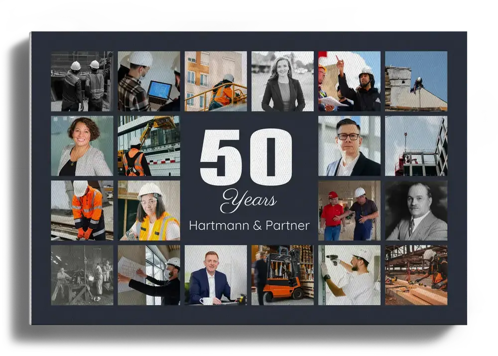 50th business anniversary photo collage on dark gray canvas, with workplace and team photos surrounding a large 50