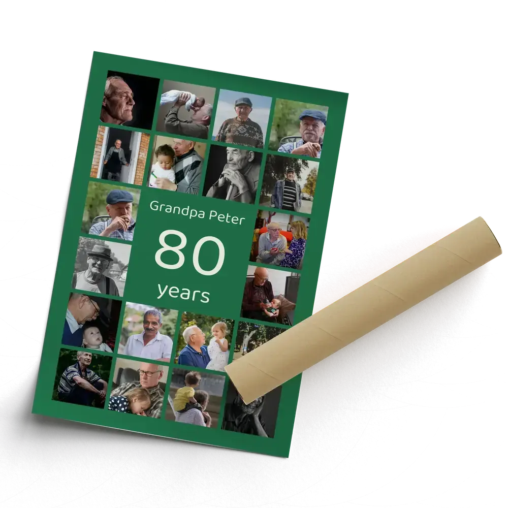 Green 80th birthday photo collage poster with family photos around a personalized center, shown beside a mailing tube