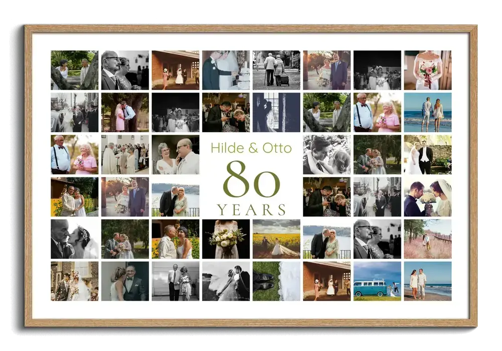Wood-framed photo collage with a central 80 surrounded by couple photos, a personalized 80th birthday gift