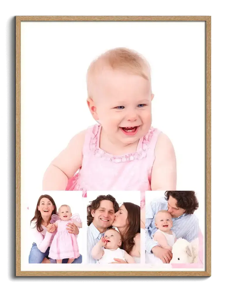 Family photo collage in a natural wood frame with a large child portrait and three smaller photos along the bottom