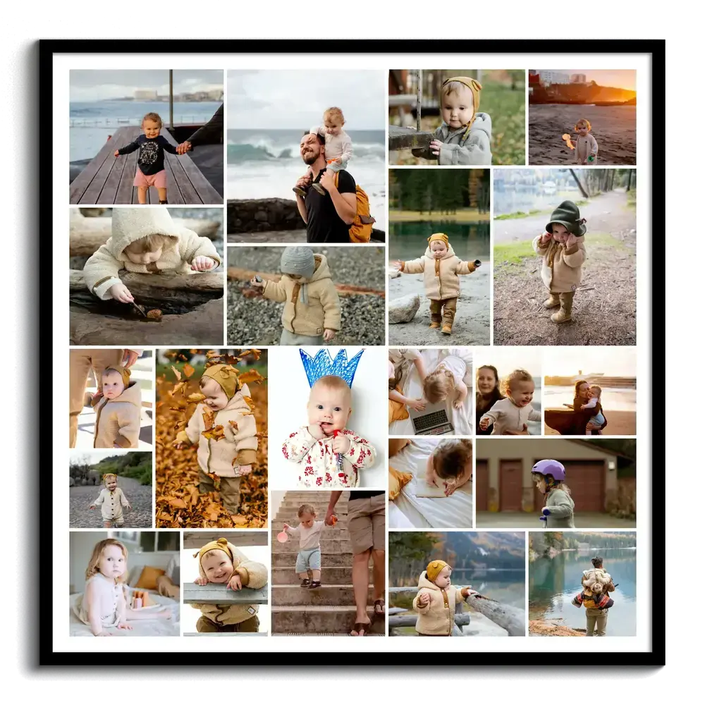 Square family photo collage poster with 22 pictures in varied sizes, displayed in a black frame