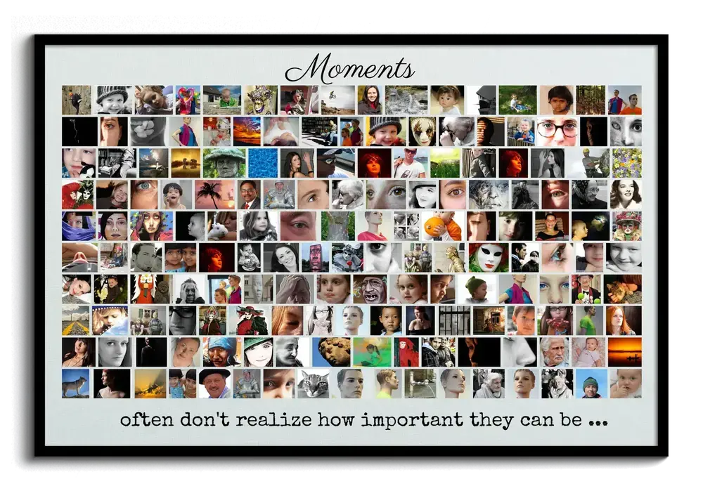 Landscape photo collage with many pictures arranged in rows and a personalized quote, displayed in a black frame