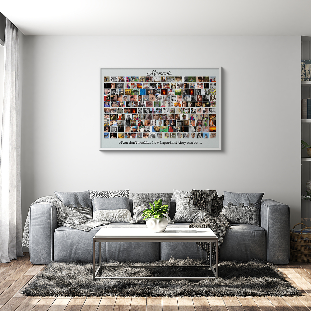Framed photo collage with many pictures in rows and custom text, hanging above a gray sofa in a bright living room