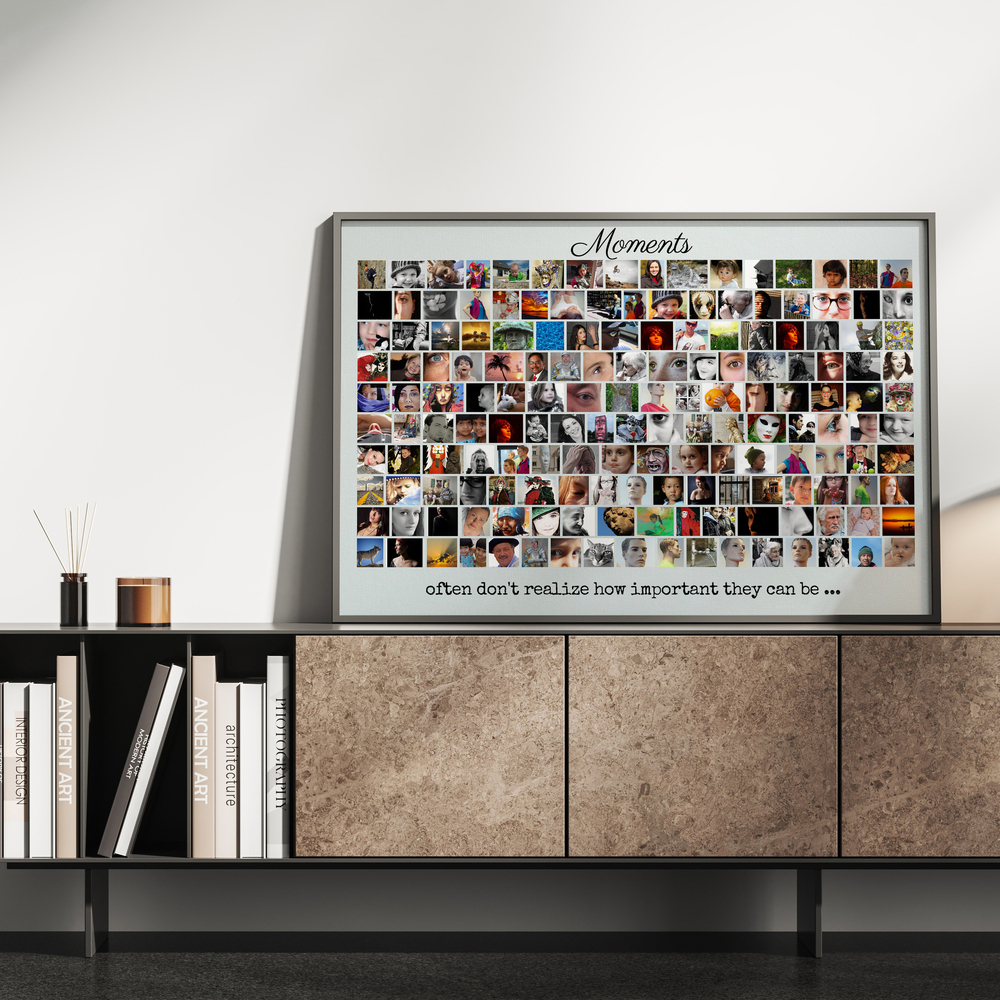 Large framed photo collage with rows of pictures and a personalized quote, leaning against the wall on a sideboard