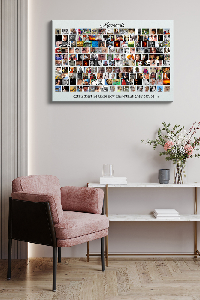 Landscape photo collage with many photos in rows and a quote, displayed on the wall above a pink armchair