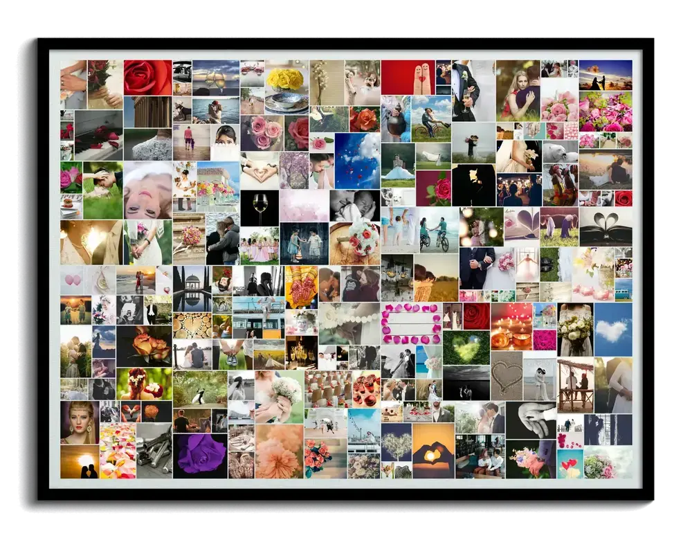 Wedding photo collage with many pictures in a black frame, a personalized wedding gift