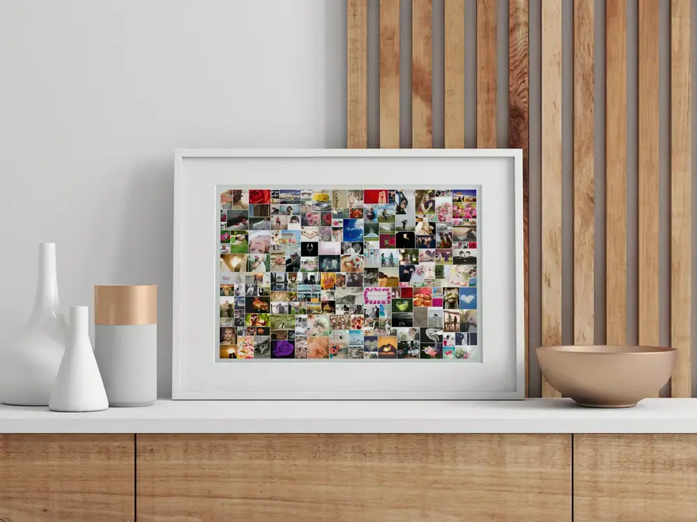 Wedding photo collage with many pictures in a white frame on a sideboard, a gift idea for the newlyweds