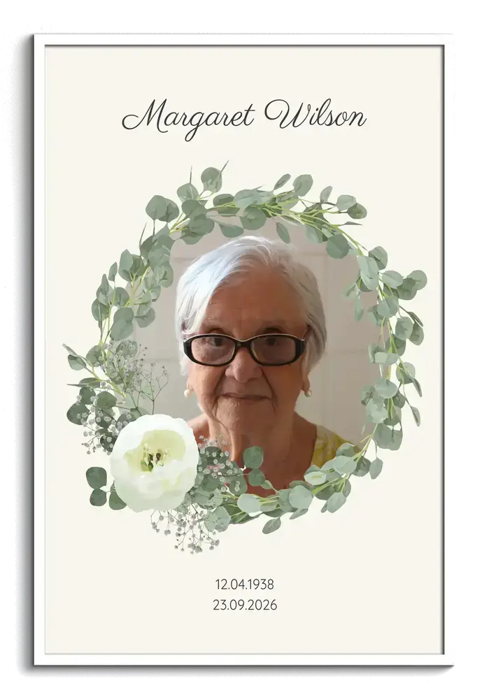 Personalized memorial portrait with a name, eucalyptus wreath and white flowers in a white frame