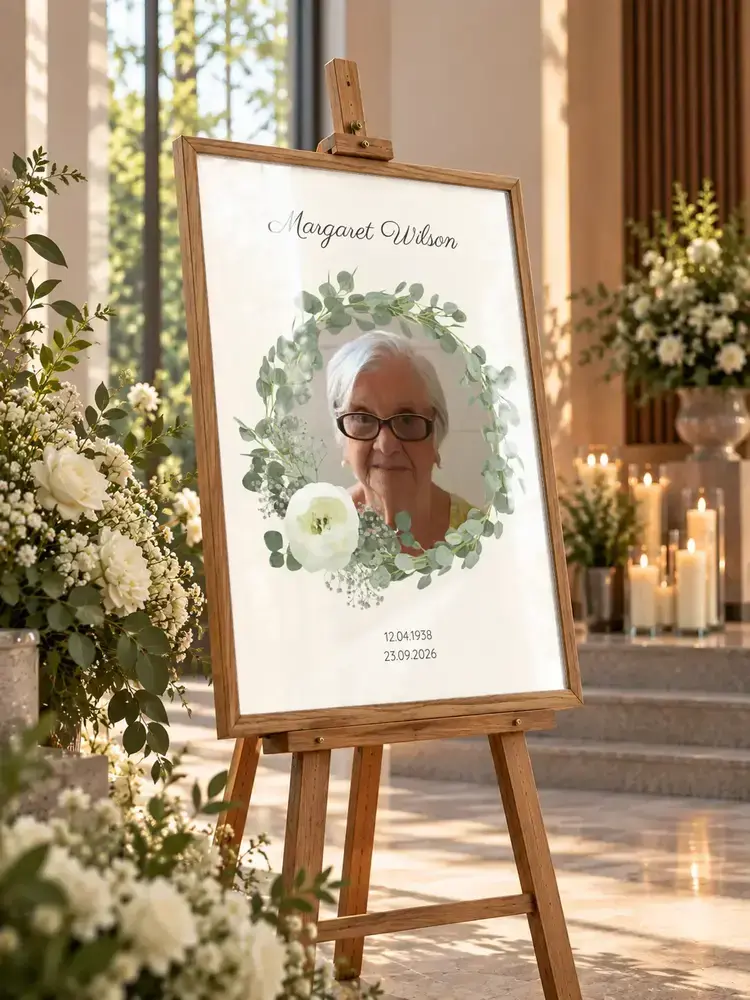 Framed memorial portrait with a eucalyptus wreath on a wooden easel in a chapel, surrounded by flowers and candles