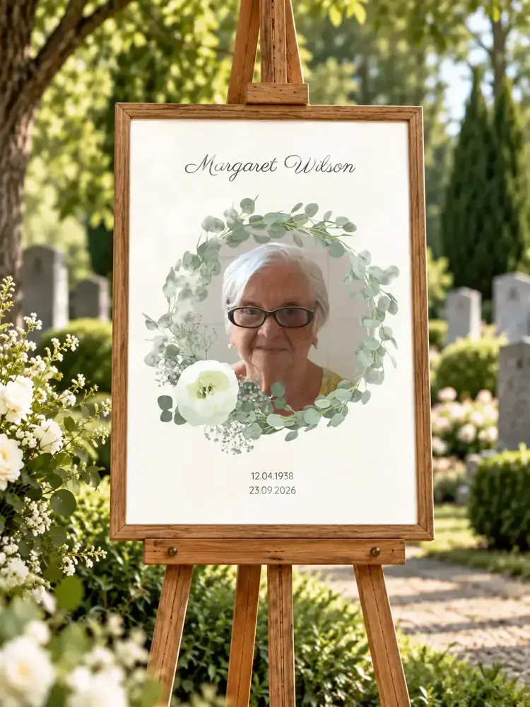 Memorial portrait with a leafy wreath in a wooden frame, displayed on an easel at a cemetery