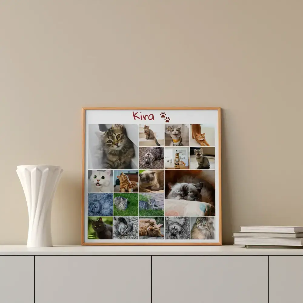 Portrait cat memorial photo collage with a name and paw prints in a wood frame on a sideboard beside a white vase