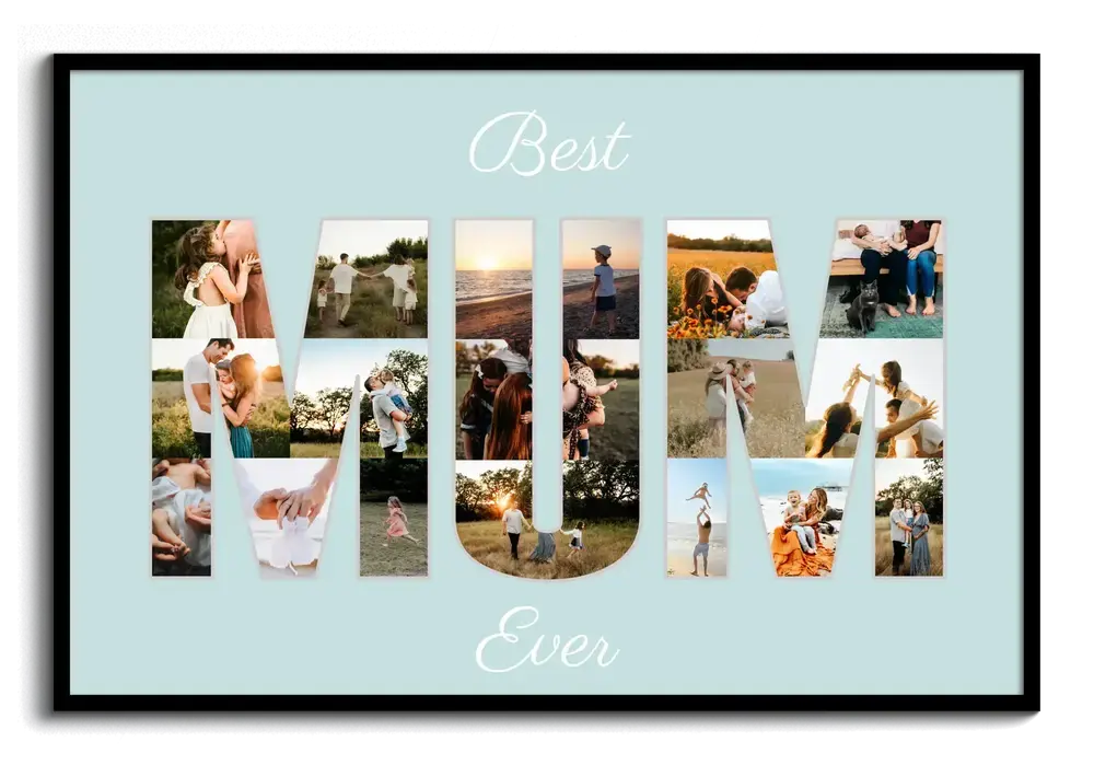 Photo collage with photo-filled letters on light blue in a black frame, a personalized gift for Mom