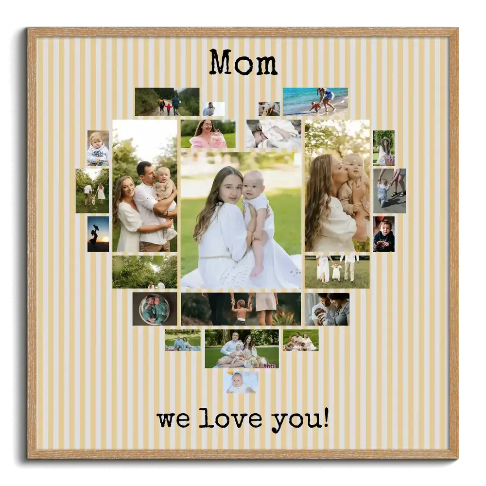 Heart-shaped family photo collage in a natural wood frame with yellow stripes, a Mother's Day gift