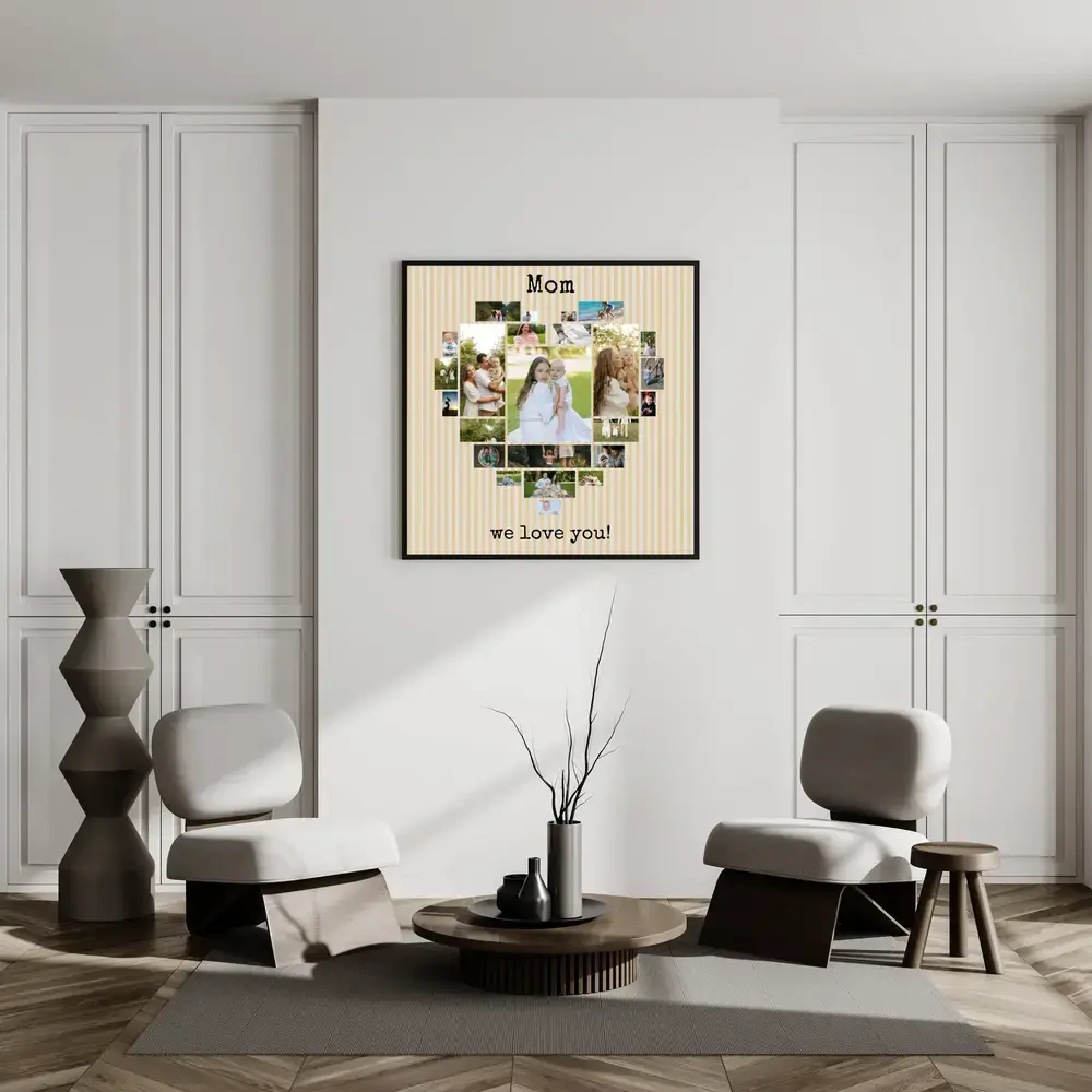 Heart-shaped photo collage in a black frame on a living room wall, a personalized Mother's Day gift