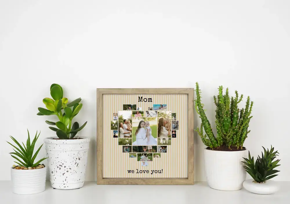 Heart-shaped photo collage in a natural wood frame beside potted plants, a personalized Mother's Day gift