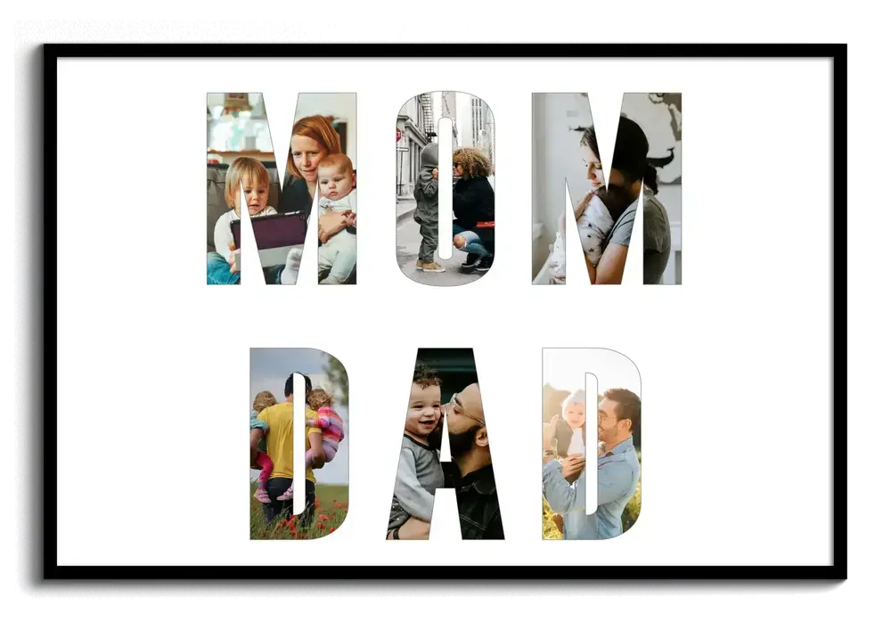 Photo letter collage for parents with family photos filling two rows of bold letters in a black frame